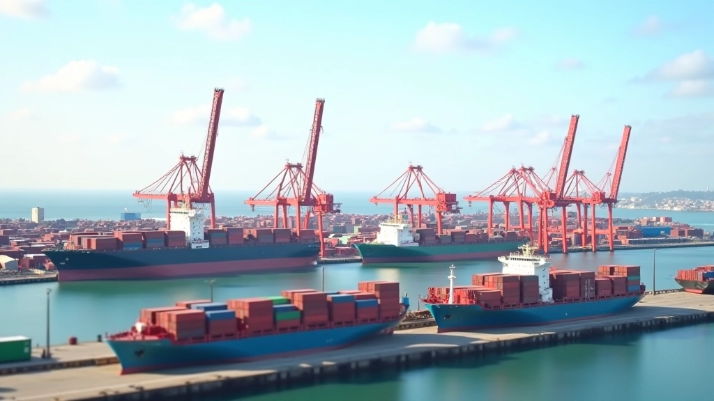 Port commercial français avec navires de cargo et conteneurs représentant les échanges commerciaux internationaux