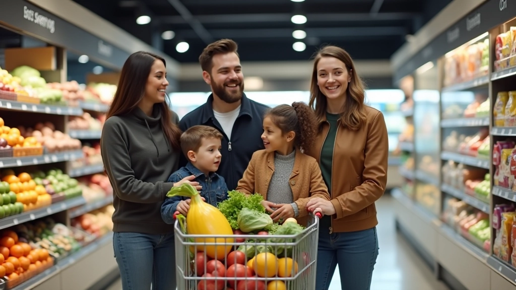 Famille faisant ses courses dans un supermarché moderne avec articles alimentaires