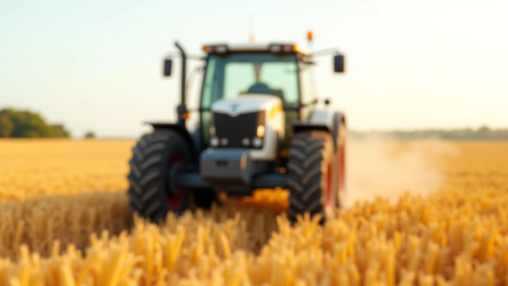 Tracteur agricole moderne dans champ de céréales avec équipement technologique GPS