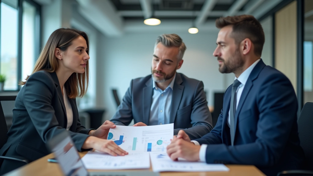 Équipe d'économistes examinant ensemble les rapports économiques trimestriels dans un bureau moderne