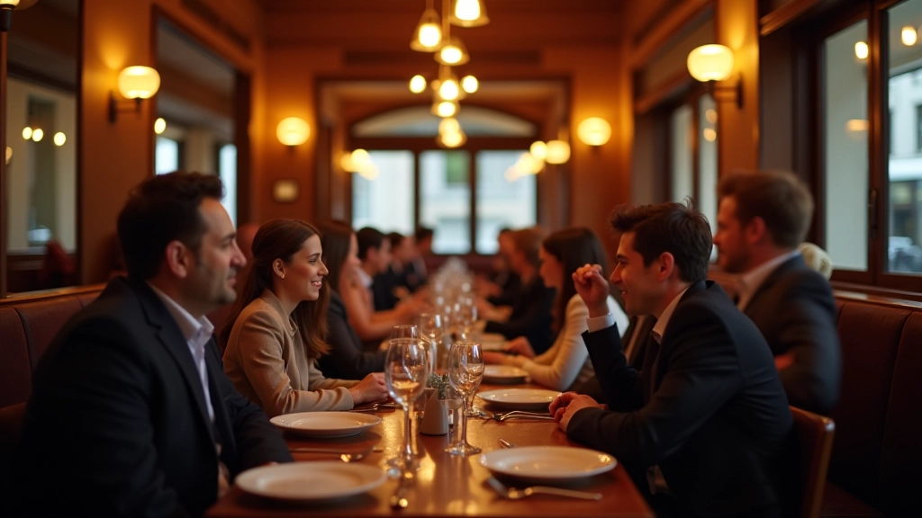 Restaurant français accueillant avec clients dînant, ambiance chaleureuse et conviviale