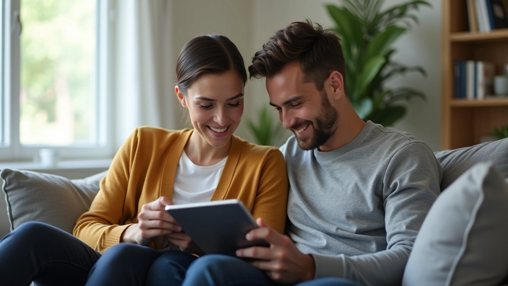 Couple jeune consultant des offres immobilières sur tablette à domicile